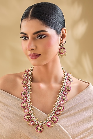 Gold Finish Kundan Polki & Pink Stone Long Necklace Set by Aura Trends