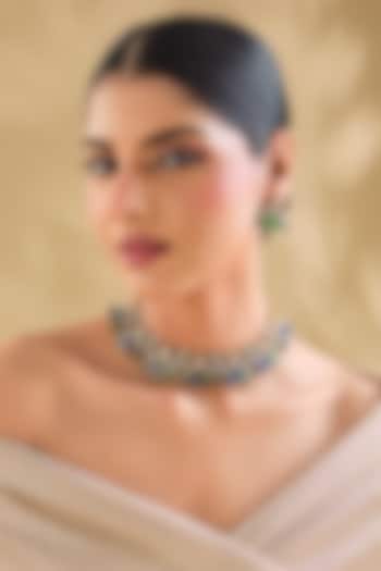 Gold Finish Green Kundan Polki & Crystal Choker Necklace Set by Aura Trends at Pernia's Pop Up Shop