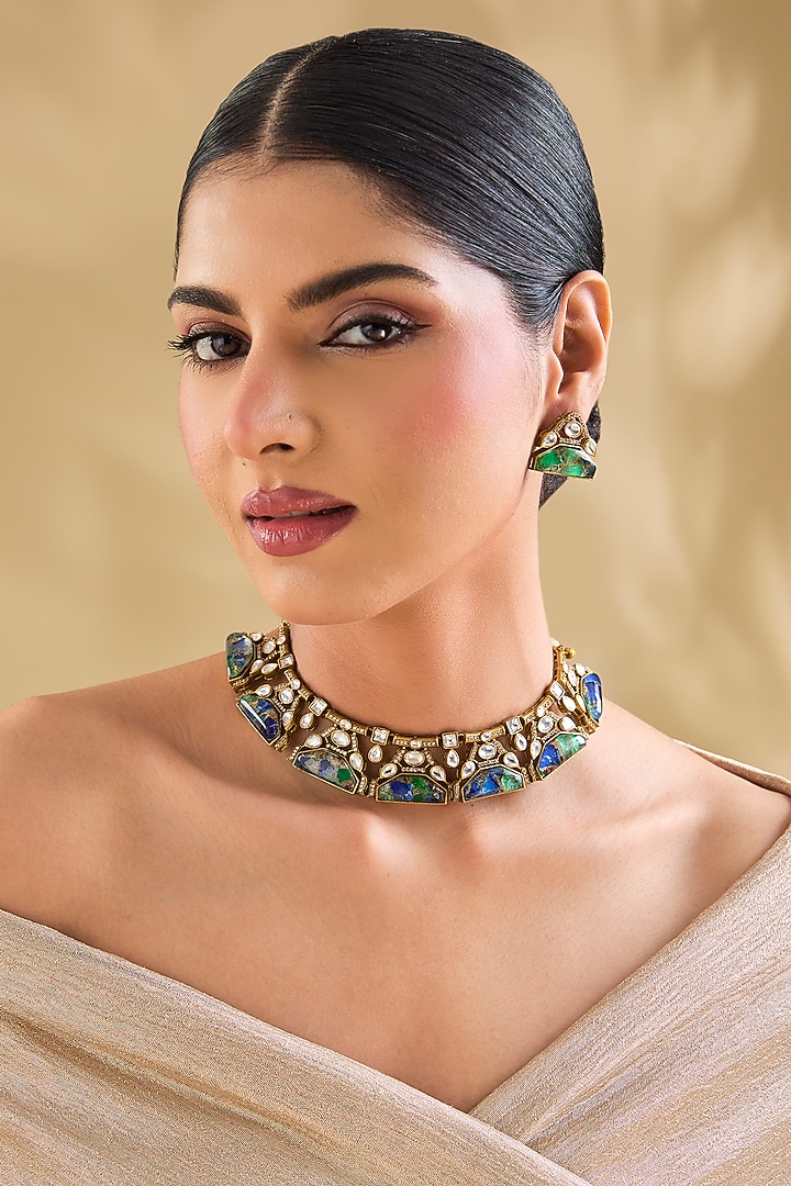 Gold Finish Green Kundan Polki & Crystal Choker Necklace Set by Aura Trends at Pernia's Pop Up Shop