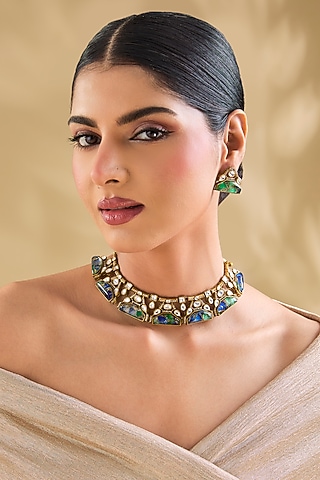 Gold Finish Green Kundan Polki & Crystal Choker Necklace Set by Aura Trends