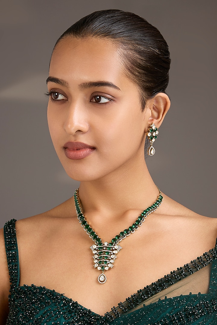 Gold Finish Emerald Green & White Kundan Polki Necklace Set by Aura Trends at Pernia's Pop Up Shop