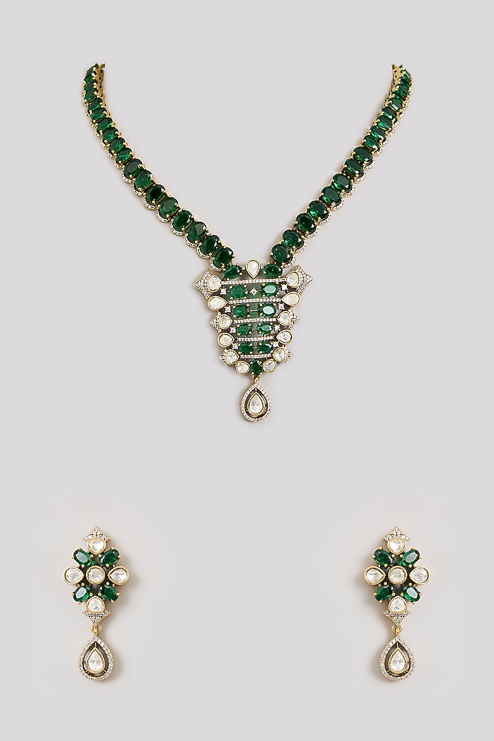 Gold Finish Emerald Green & White Kundan Polki Necklace Set by Aura Trends at Pernia's Pop Up Shop