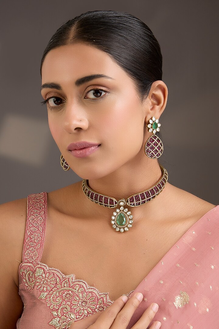 Antique Gold Finish Purple & Emerald Green Stone Choker Necklace Set by Aura Trends at Pernia's Pop Up Shop