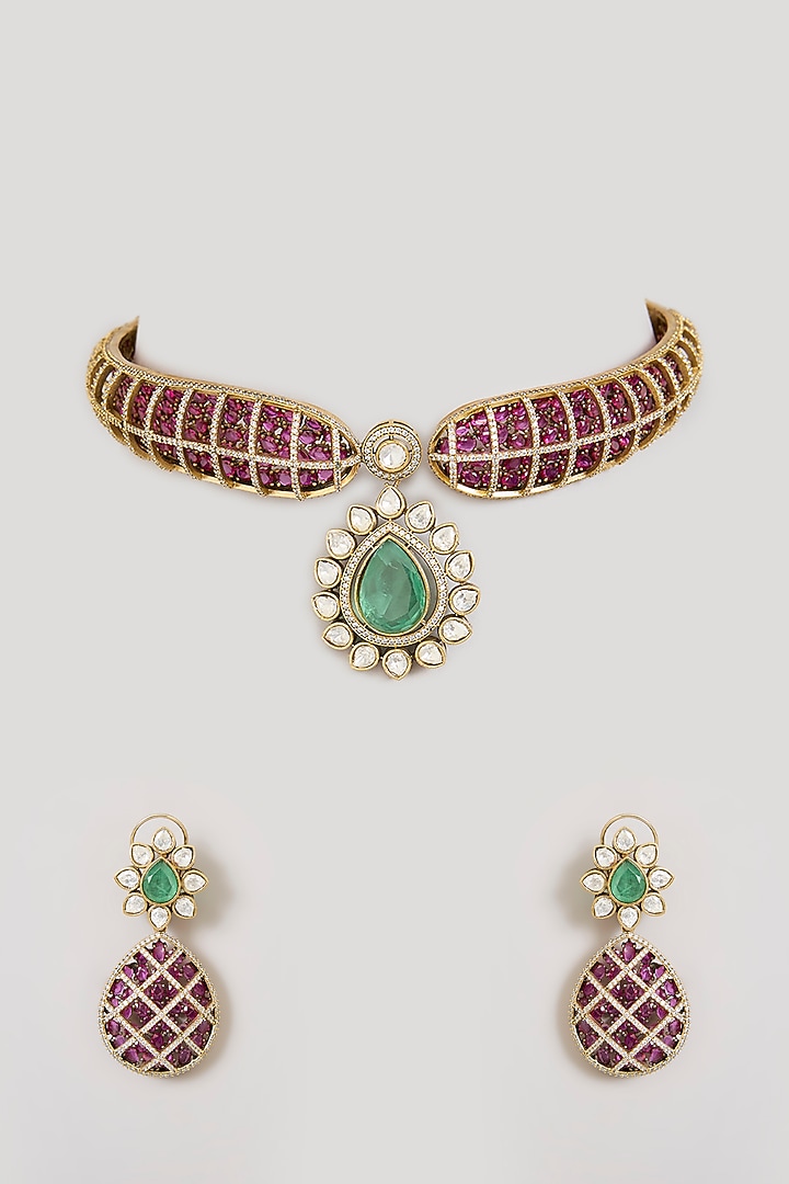 Antique Gold Finish Purple & Emerald Green Stone Choker Necklace Set by Aura Trends at Pernia's Pop Up Shop