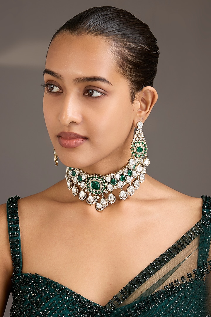 Gold Finish Kundan Polki & Emerald Green Stone Choker Necklace Set by Aura Trends at Pernia's Pop Up Shop