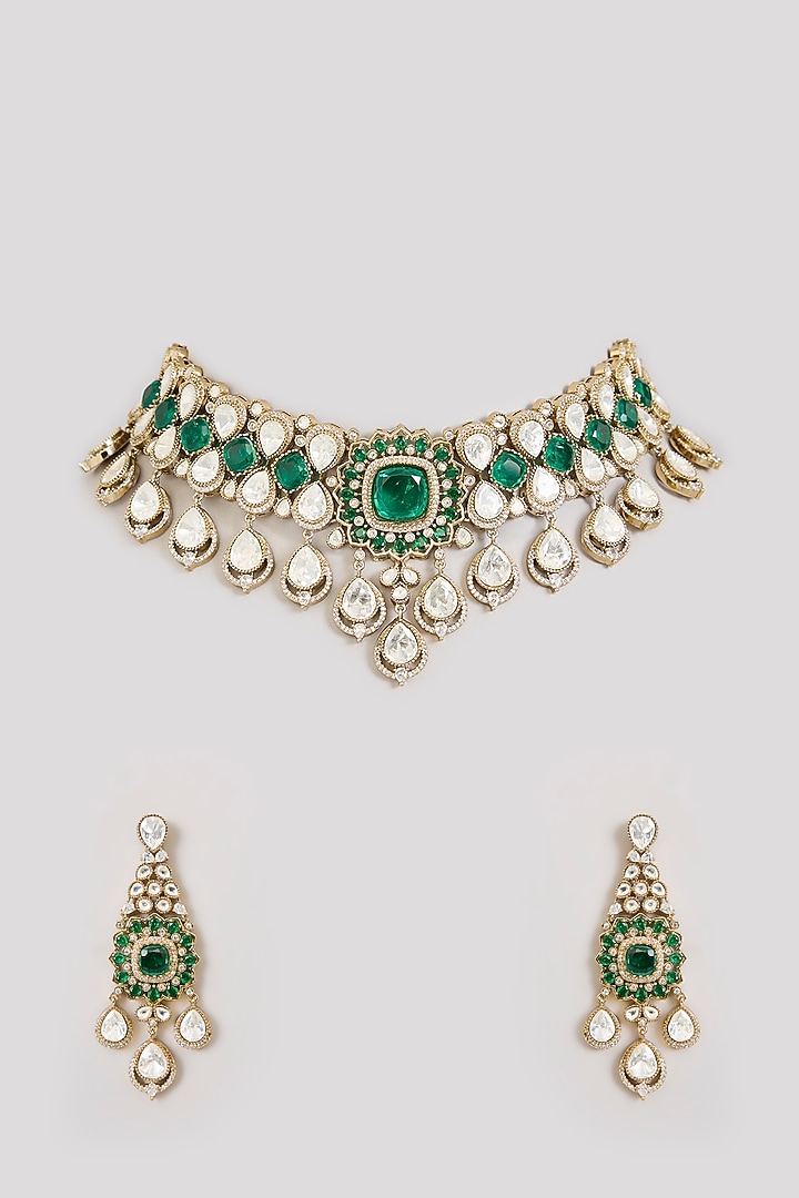 Gold Finish Kundan Polki & Emerald Green Stone Choker Necklace Set by Aura Trends at Pernia's Pop Up Shop