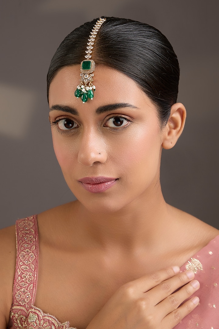 Gold Finish American Diamond & Emerald Green Stone Maangtikka by Aura Trends at Pernia's Pop Up Shop