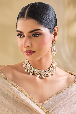 Gold Finish Kundan Polki & Pearl Choker Necklace Set by Aura Trends