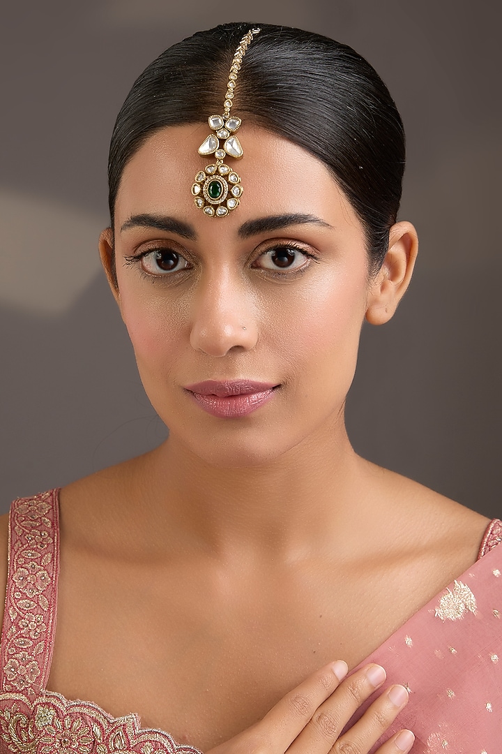 Gold Finish Green Stone & Kundan Polki Floral Maangtikka by Aura Trends at Pernia's Pop Up Shop