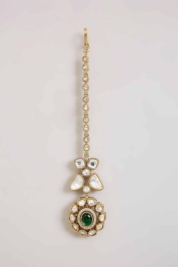 Gold Finish Green Stone & Kundan Polki Floral Maangtikka by Aura Trends at Pernia's Pop Up Shop