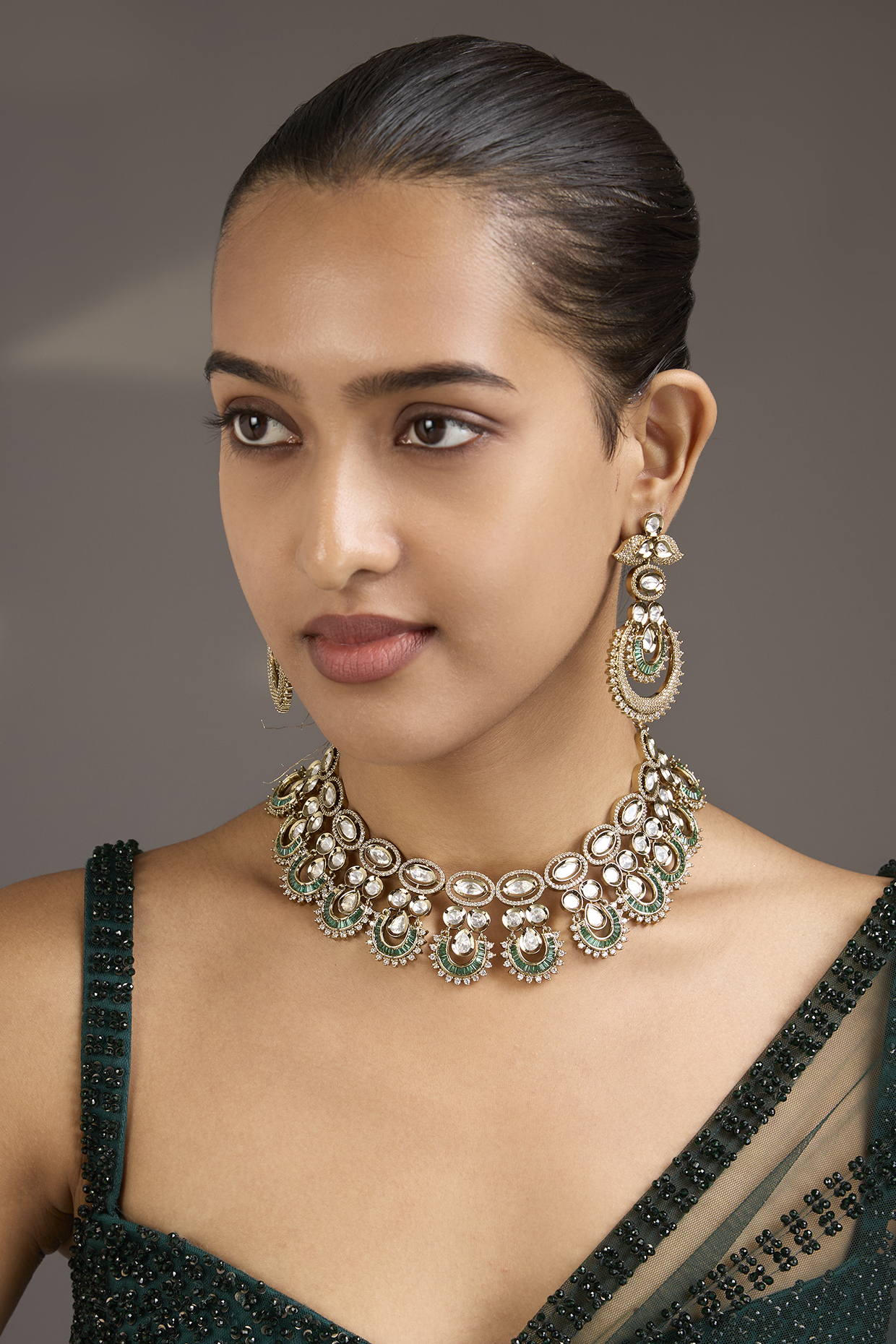 Antique Gold Finish Kundan Polki & Emerald Stone Choker Necklace Set by Aura Trends