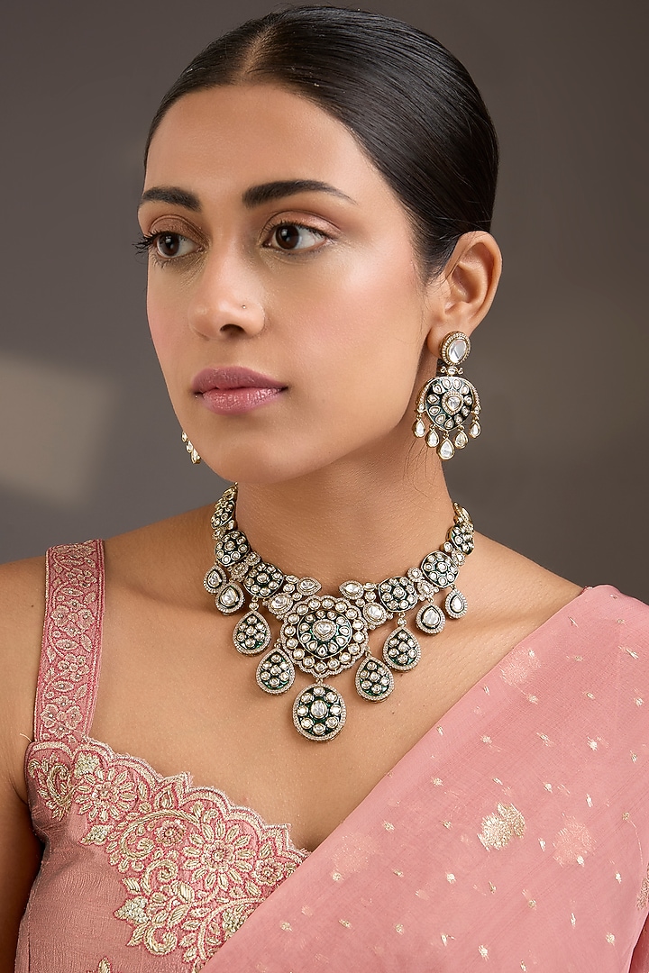 Gold Finish Kundan Polki & Green Meenakari Necklace Set by Aura Trends at Pernia's Pop Up Shop