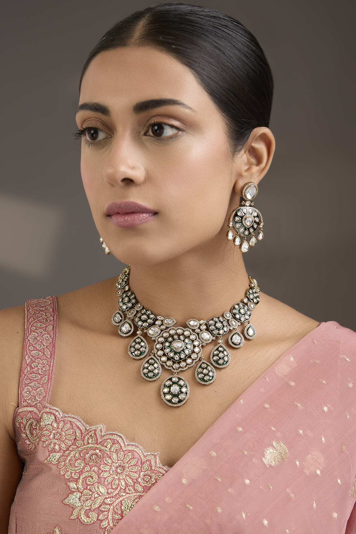 Gold Finish Kundan Polki & Green Meenakari Necklace Set by Aura Trends