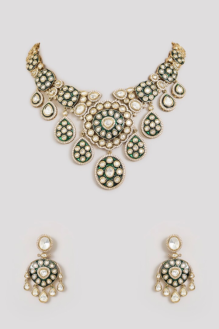 Gold Finish Kundan Polki & Green Meenakari Necklace Set by Aura Trends at Pernia's Pop Up Shop