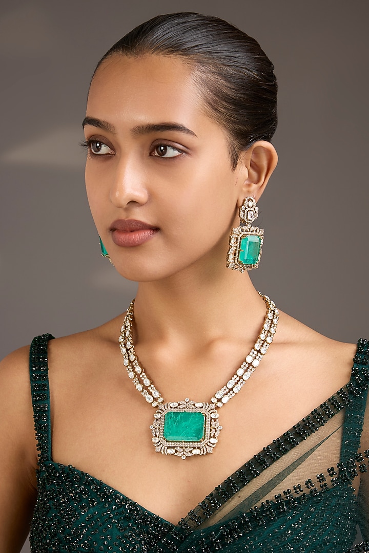Gold Finish Kundan Polki & Emerald Green Stone Necklace Set by Aura Trends at Pernia's Pop Up Shop