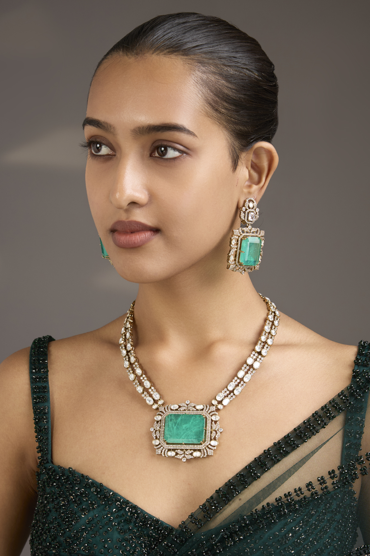 Gold Finish Kundan Polki & Emerald Green Stone Necklace Set by Aura Trends
