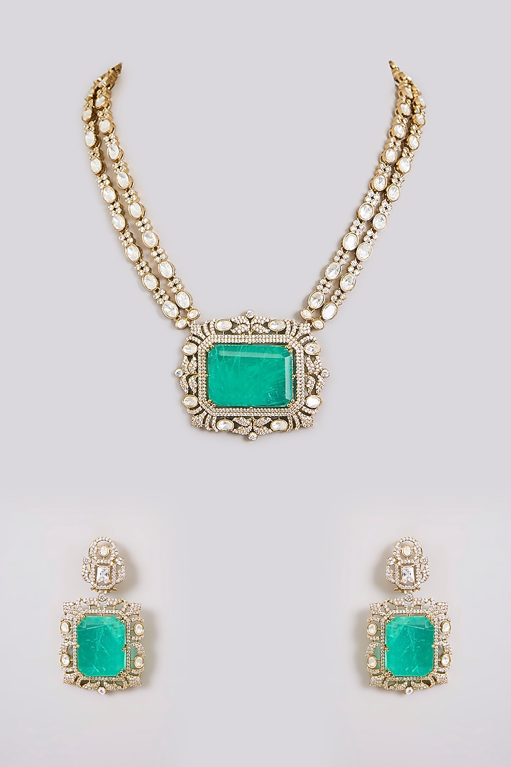 Gold Finish Kundan Polki & Emerald Green Stone Necklace Set by Aura Trends at Pernia's Pop Up Shop