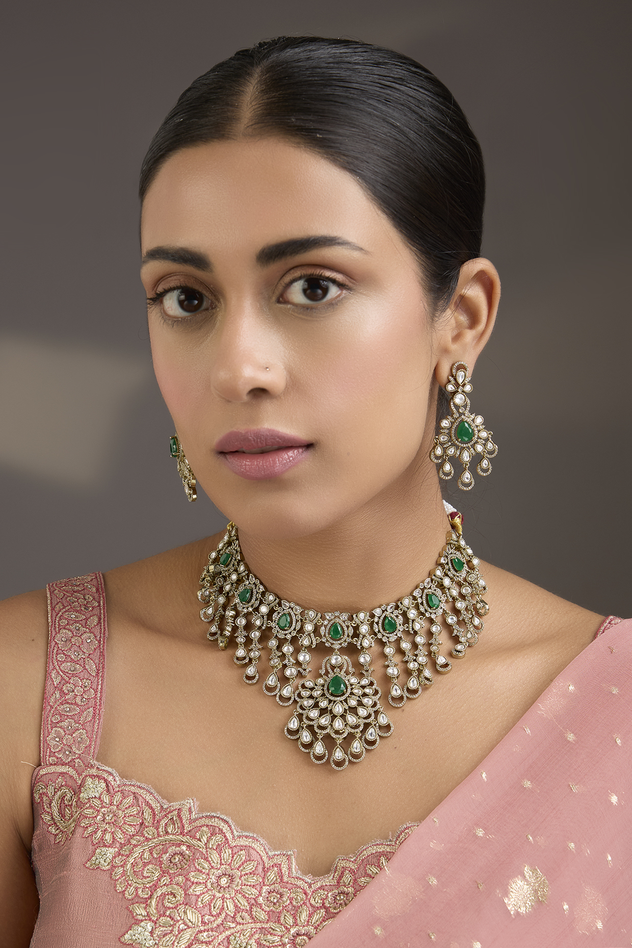 Gold Finish Kundan Polki & Emerald Green Stone Floral Motif Necklace Set by Aura Trends
