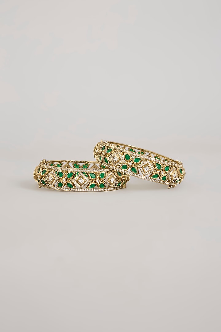 Antique Gold Finish Kundan Polki & Emerald Green Stone Bangles (Set Of 2) by Aura Trends at Pernia's Pop Up Shop