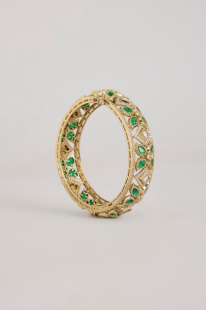 Antique Gold Finish Kundan Polki & Emerald Green Stone Bangles (Set Of 2) by Aura Trends at Pernia's Pop Up Shop