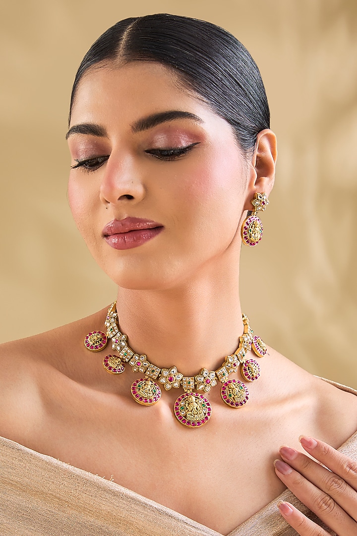 Gold Finish Pink Kundan Polki Choker Necklace Set by Aura Trends at Pernia's Pop Up Shop