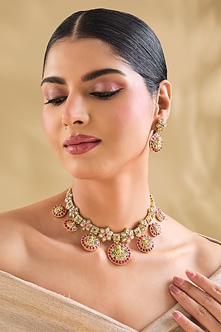 Gold Finish Pink Kundan Polki Choker Necklace Set by Aura Trends