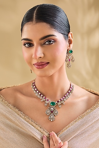 Gold Finish Pink Kundan Polki & American Diamond Necklace Set by Aura Trends