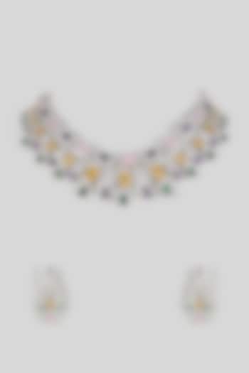 Silver Finish Multi-Colored American Diamond Necklace Set by Aura Trends at Pernia's Pop Up Shop