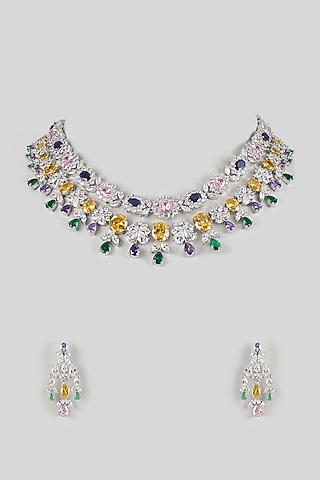 Silver Finish Multi-Colored American Diamond Necklace Set by Aura Trends