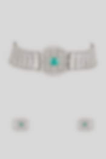 Silver Finish Cubic Zirconia & Emerald Stone Choker Necklace Set by Aura Trends at Pernia's Pop Up Shop