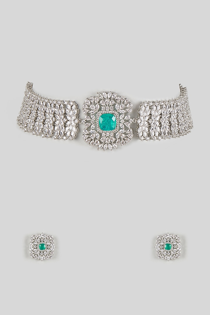 Silver Finish Cubic Zirconia & Emerald Stone Choker Necklace Set by Aura Trends at Pernia's Pop Up Shop