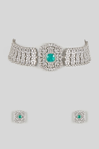 Silver Finish Cubic Zirconia & Emerald Stone Choker Necklace Set by Aura Trends