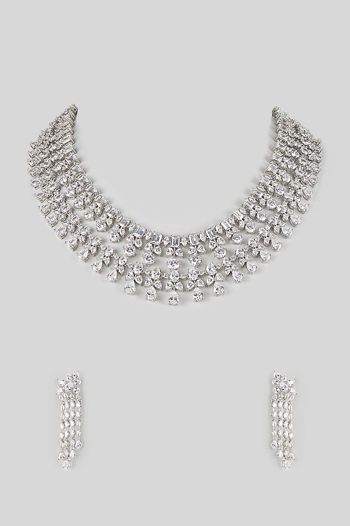 Silver Finish Cubic Zirconia Layered Necklace Set by Aura Trends at Pernia's Pop Up Shop