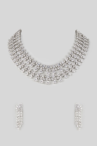 Silver Finish Cubic Zirconia Layered Necklace Set by Aura Trends