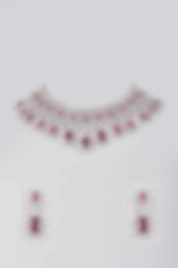 Silver Finish Cubic Zirconia & Pink Ruby Stone Necklace Set by Aura Trends at Pernia's Pop Up Shop