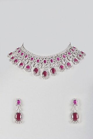 Silver Finish Cubic Zirconia & Pink Ruby Stone Necklace Set by Aura Trends