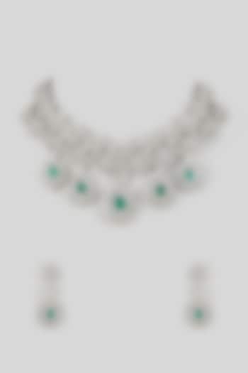 Silver Finish Cubic Zirconia & Emerald Stone Necklace Set by Aura Trends at Pernia's Pop Up Shop