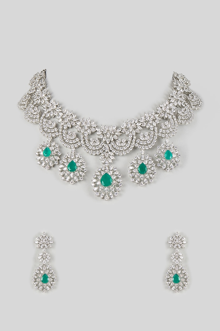 Silver Finish Cubic Zirconia & Emerald Stone Necklace Set by Aura Trends at Pernia's Pop Up Shop