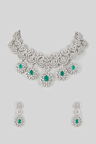 Silver Finish Cubic Zirconia & Emerald Stone Necklace Set by Aura Trends