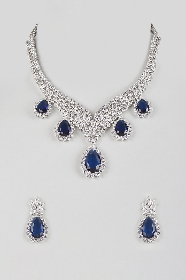 Silver Finish Cubic Zirconia & Royal Blue Stone Necklace Set by Aura Trends at Pernia's Pop Up Shop
