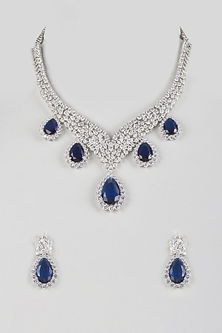 Silver Finish Cubic Zirconia & Royal Blue Stone Necklace Set by Aura Trends