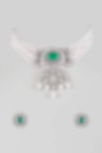 Silver Finish Cubic Zirconia & Emerald Stone Necklace Set by Aura Trends at Pernia's Pop Up Shop