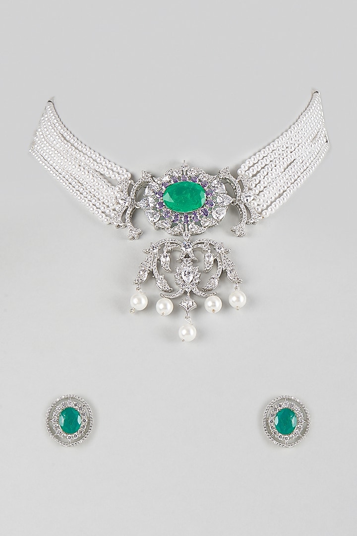 Silver Finish Cubic Zirconia & Emerald Stone Necklace Set by Aura Trends at Pernia's Pop Up Shop