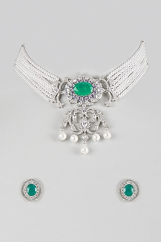 Silver Finish Cubic Zirconia & Emerald Stone Necklace Set by Aura Trends