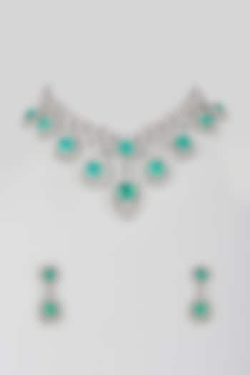 Silver Finish Cubic Zirconia & Emerald Stone Necklace Set by Aura Trends at Pernia's Pop Up Shop