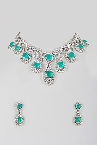 Silver Finish Cubic Zirconia & Emerald Stone Necklace Set by Aura Trends