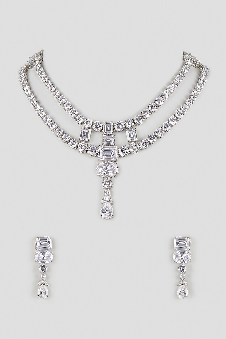 Silver Finish Cubic Zirconia Layered Necklace Set by Aura Trends at Pernia's Pop Up Shop