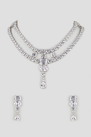 Silver Finish Cubic Zirconia Layered Necklace Set by Aura Trends