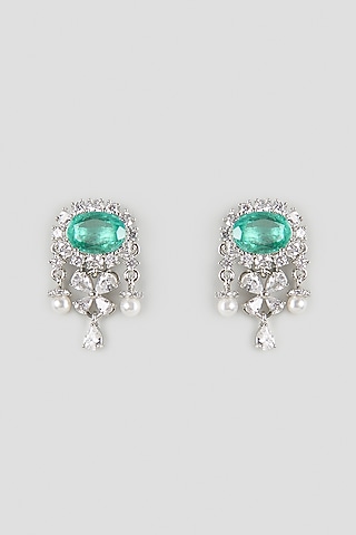 Silver Finish Emerald Green & Cubic Zirconia Stud Earrings by Aura Trends