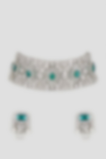Silver Finish Cubic Zirconia & Emerald Green Stone Choker Necklace by Aura Trends at Pernia's Pop Up Shop